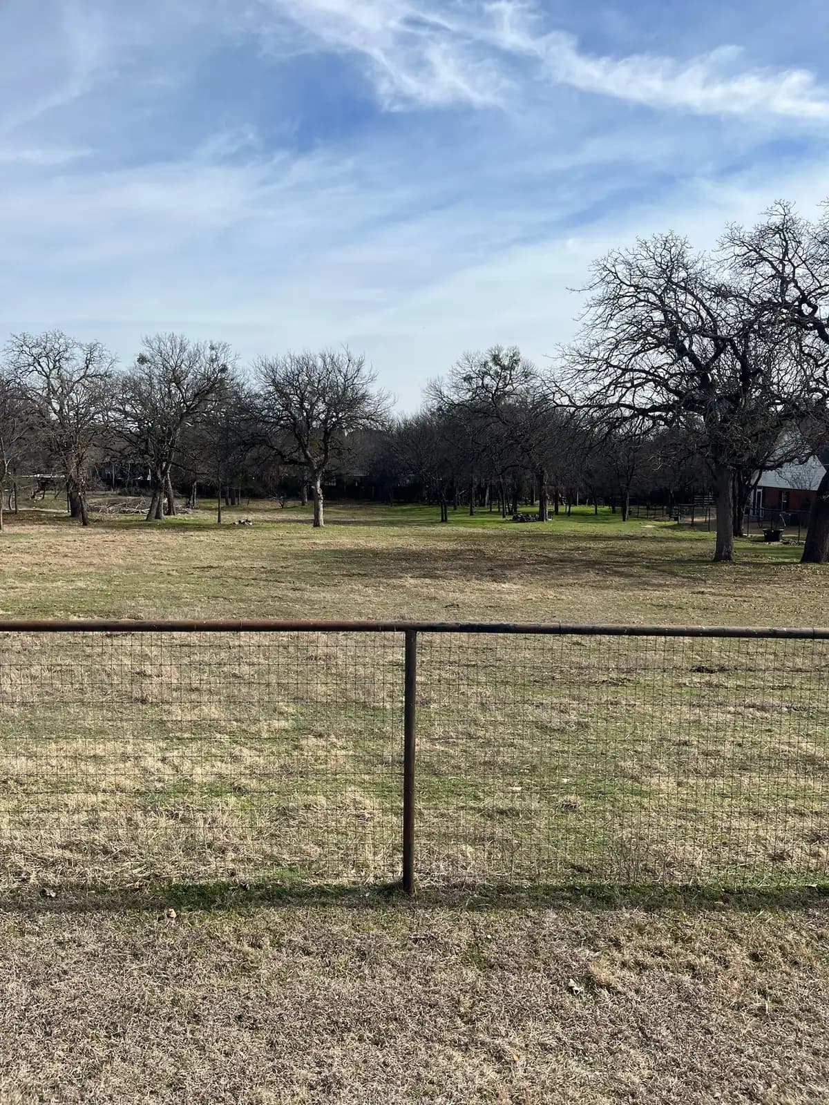 Brush hog mowing along a fence line on a Granbury, TX property