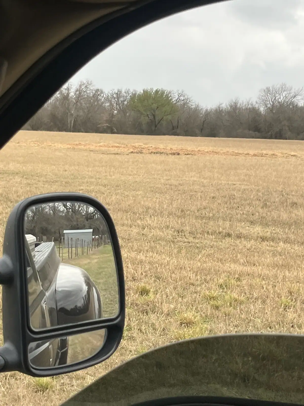 View from the tractor cab across a freshly mowed field near Granbury, TX