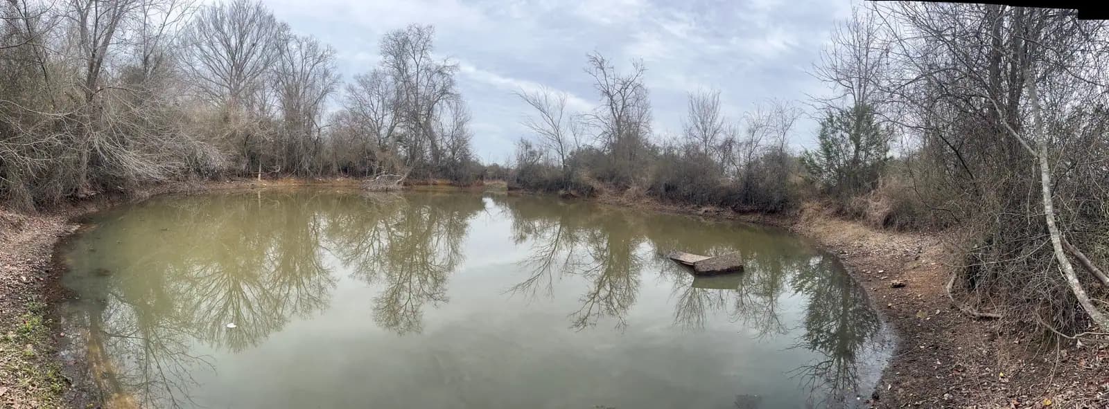 Stock pond banks cleared of brush and reshaped on a ranch near Granbury, TX