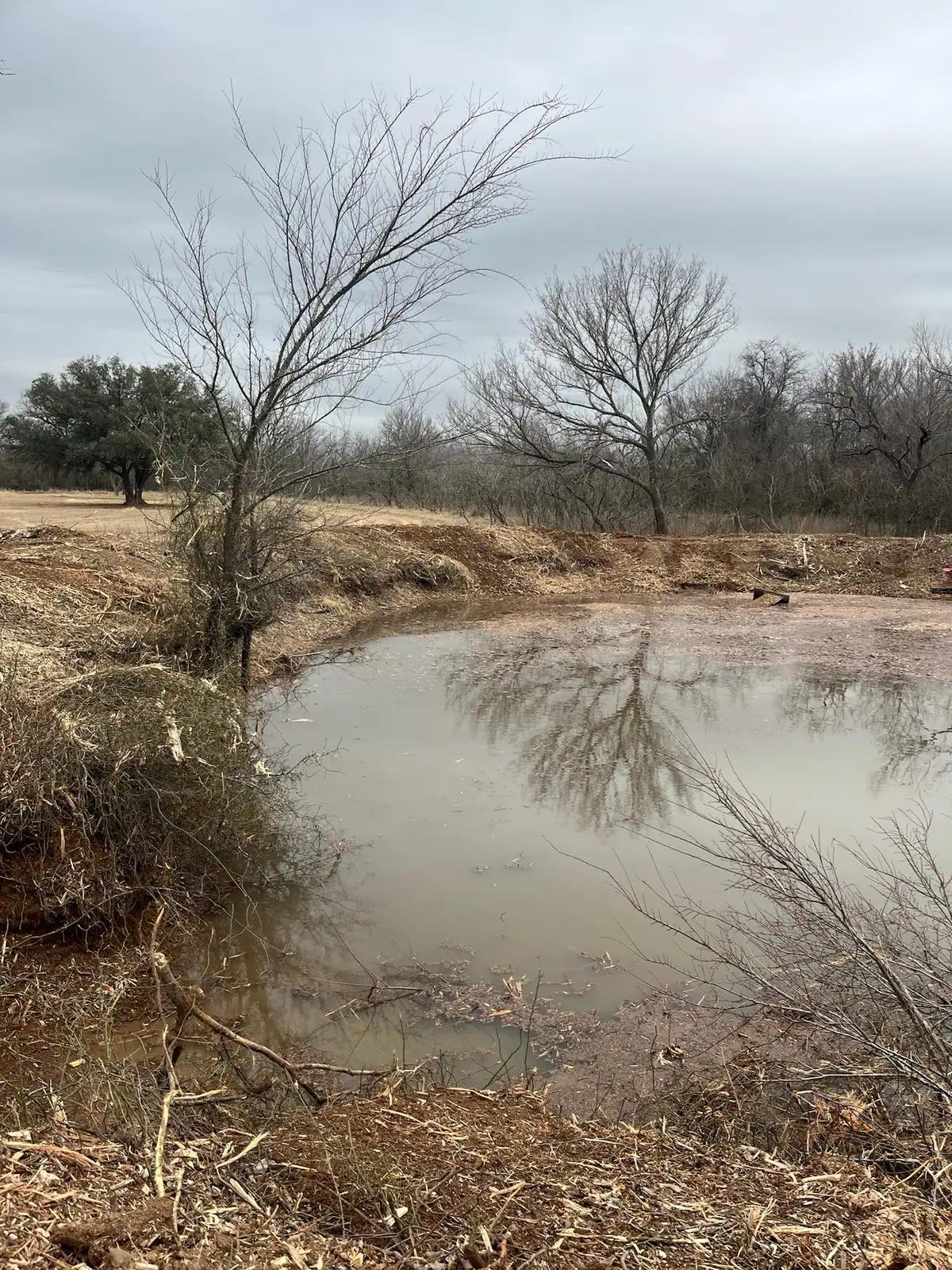 Stock pond banks cleared of brush and reshaped on a ranch near Granbury, TX